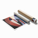 Abstract geometric rolled print showcasing vibrant colors and intricate patterns, elegantly packaged in a protective cardboard tube, ideal for modern decor.