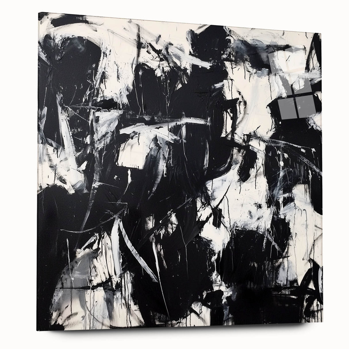 Abstract acrylic glass art piece showcasing vibrant splatters in an array of colors, displayed in a side view without pins, ideal for modern decor.