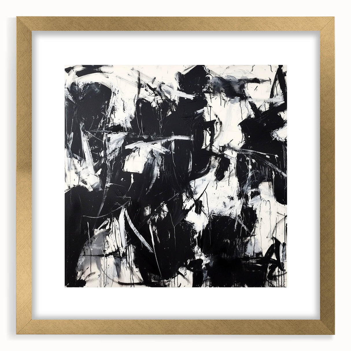 Abstract splatters frame with a gold mat, showcasing vibrant paint splashes in a modern design, ideal for contemporary home décor and art enthusiasts.