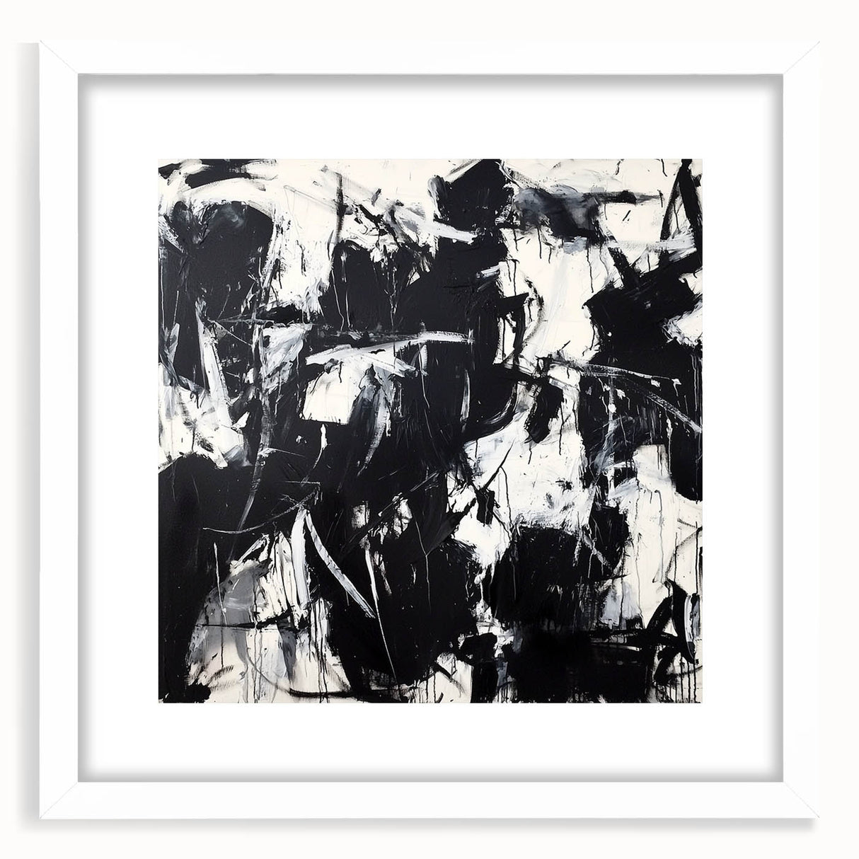 Abstract splatter art frame in white mat, showcasing vibrant colors and dynamic patterns, perfect for modern home decor or artistic display.
