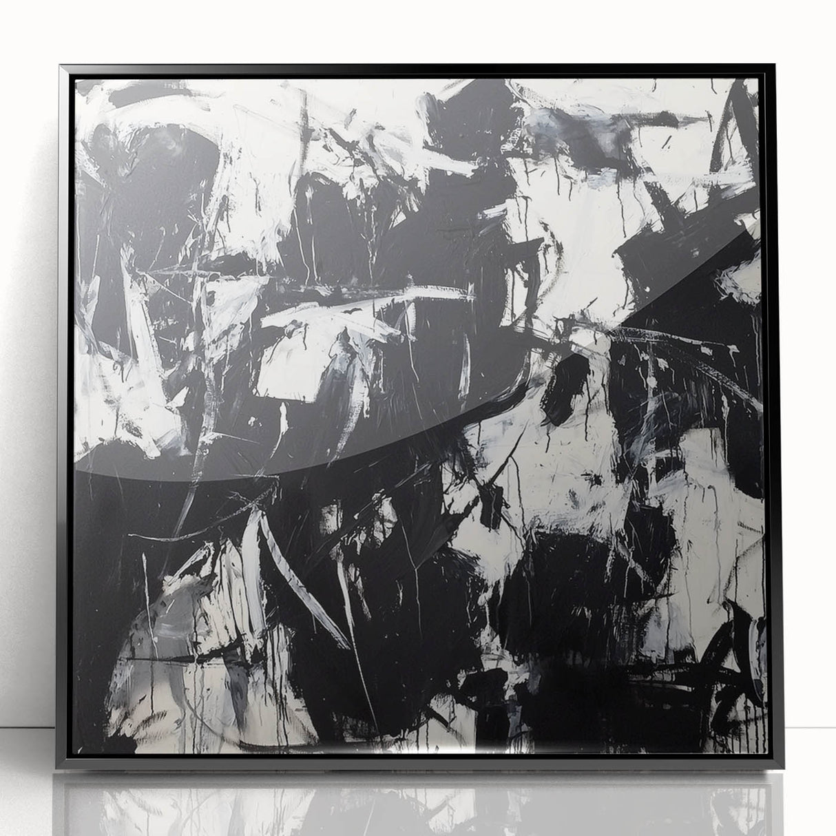 Framed black acrylic artwork showcasing vibrant abstract splatters in a modern design, perfect for contemporary home decor, adding bold color and style to any room.