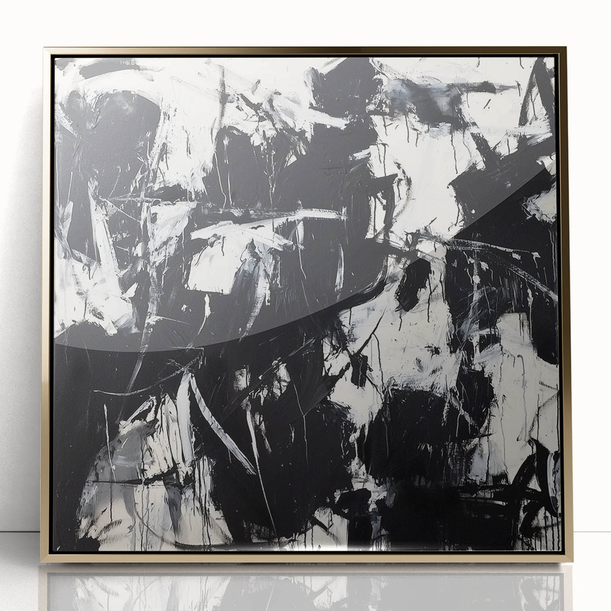 Framed acrylic artwork showcasing vibrant abstract gold splatters against a sleek black background, perfect for modern home decor. Ideal for adding a touch of elegance and personality to any room.