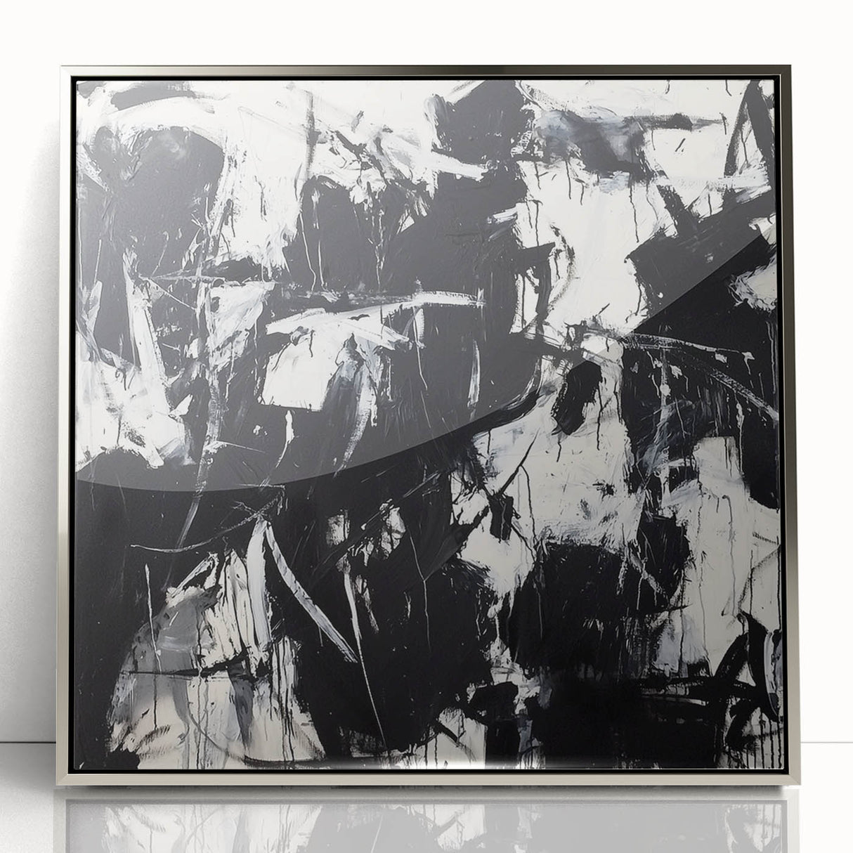 Framed acrylic artwork featuring abstract splatters in silver tones, showcasing a modern design that enhances contemporary home decor. Ideal for stylish interiors.