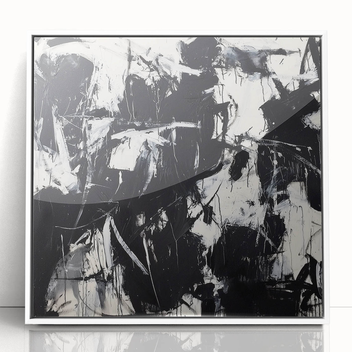 Framed acrylic artwork showcasing vibrant abstract splatters in white, perfect for modern home decor. Ideal for adding a splash of color to any room.