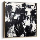 Framed abstract canvas art featuring silver and gold splatter designs on a textured surface, ideal for modern home decor and contemporary art enthusiasts.