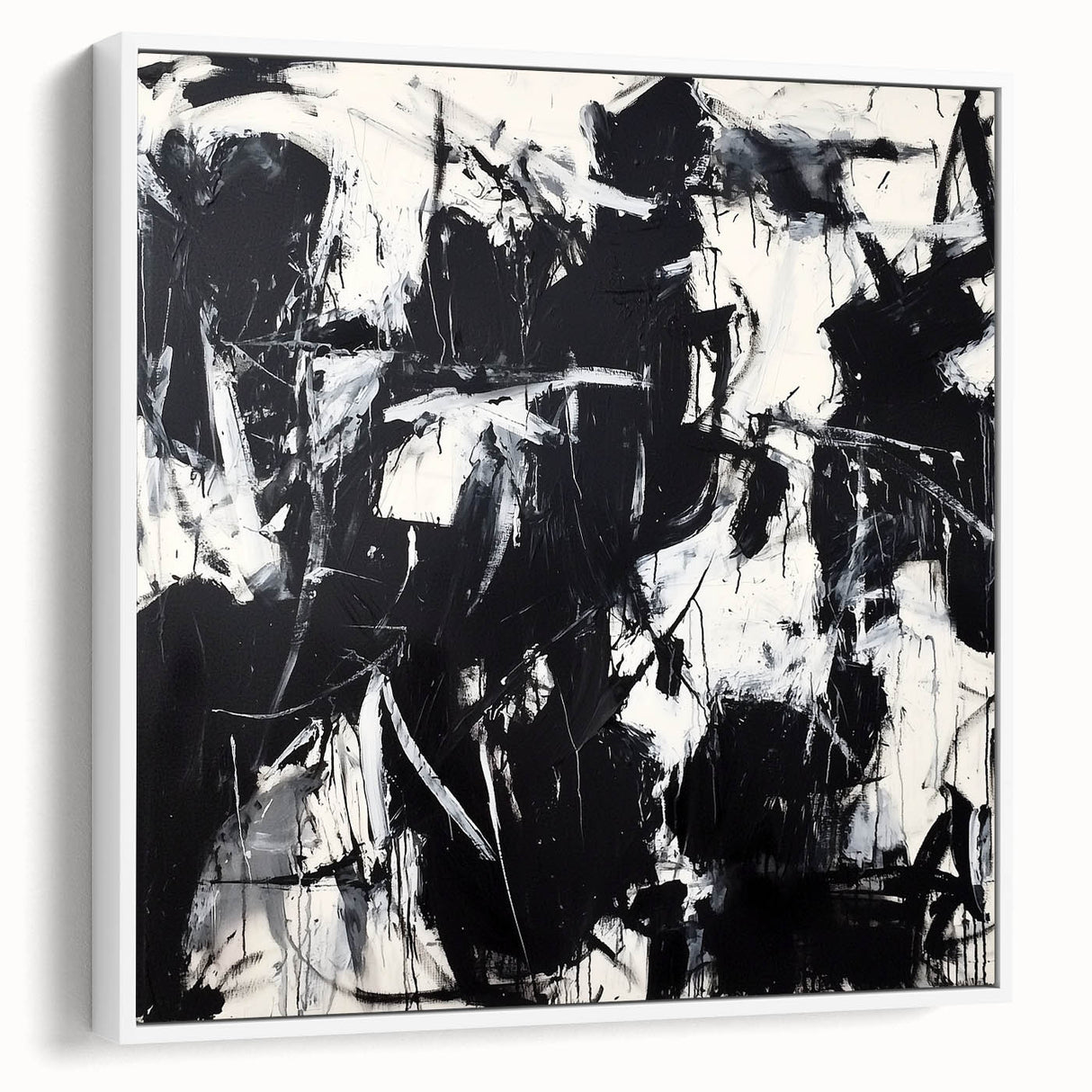 Framed canvas artwork showcasing an abstract design with colorful splatters on a white background, highlighting its modern aesthetic and vibrant hues. Ideal for contemporary home decor, this piece adds a pop of color and creativity to any space, making it a perfect choice for art enthusiasts looking to enhance their interiors.