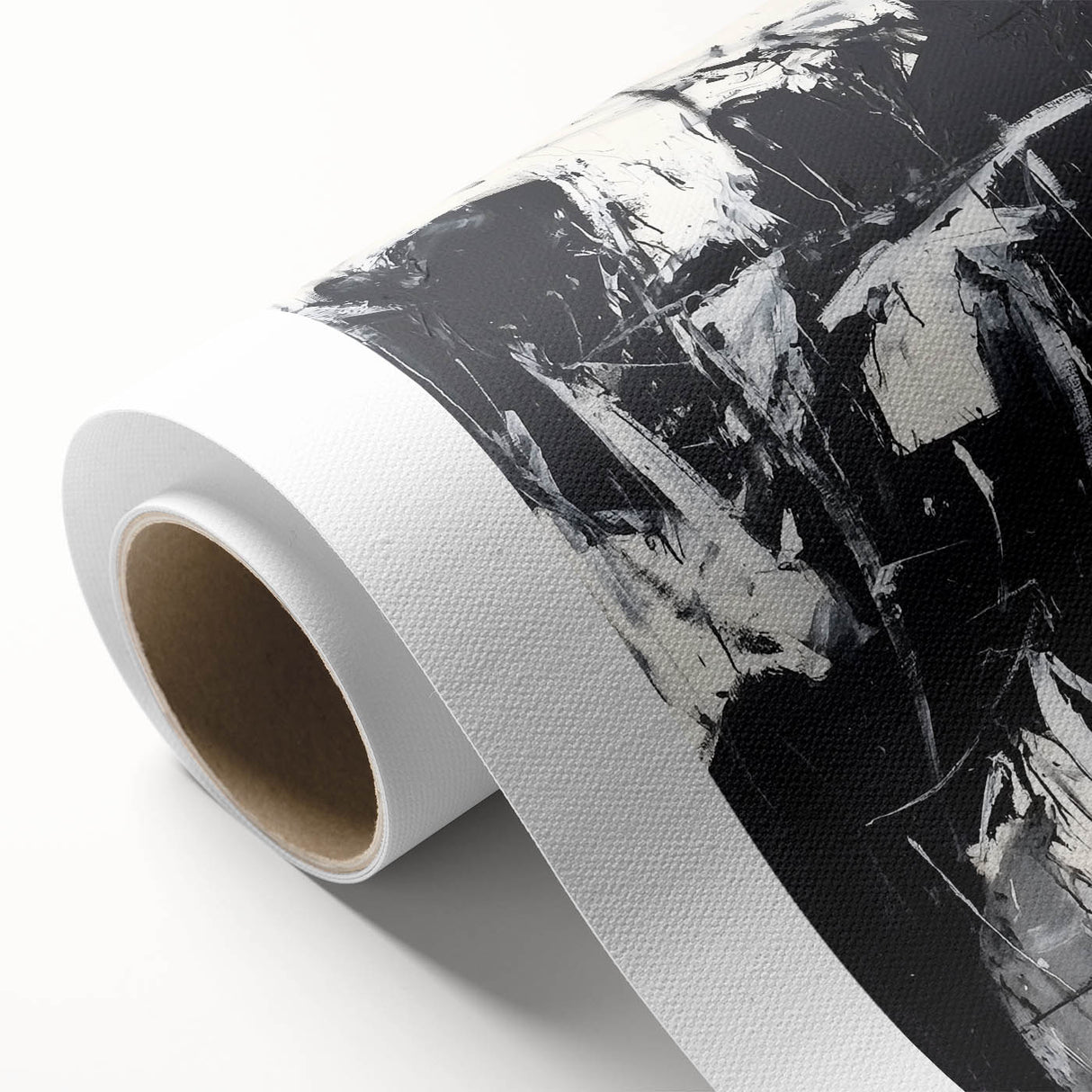 Abstract splatter art on rolled canvas showcasing vibrant colors and dynamic patterns, ideal for modern home decor. Packaged securely in a cardboard tube for safe transport.