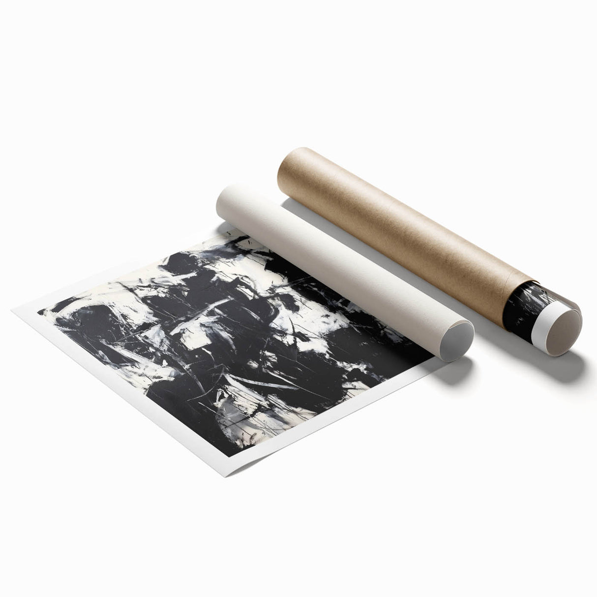 Abstract splatter art print showcasing vibrant colors and dynamic shapes, rolled for easy shipping in a protective cardboard tube, ideal for modern home decor.