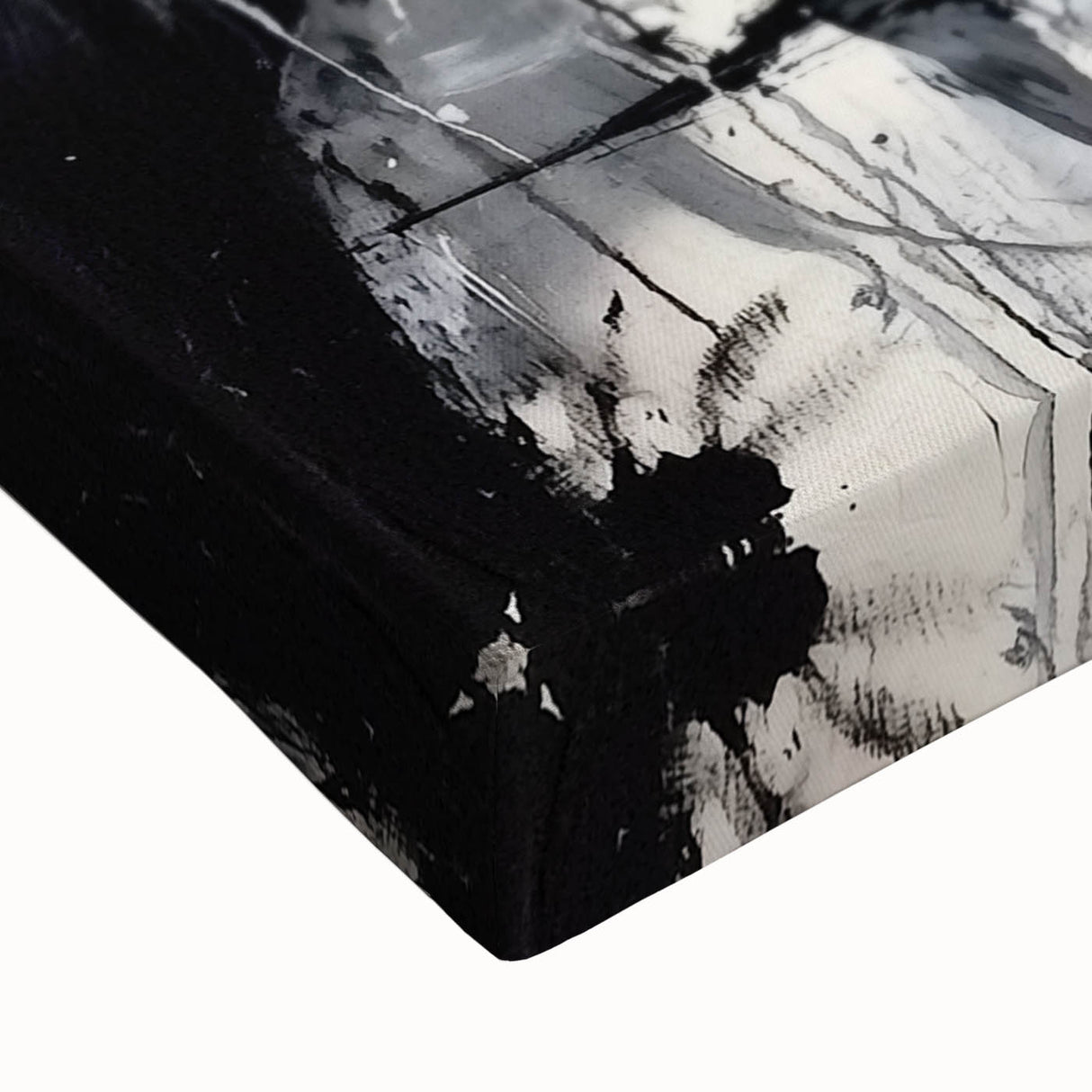Close-up of abstract splatter art on stretched canvas, showcasing vibrant colors and dynamic patterns, ideal for modern home decor or artistic spaces.