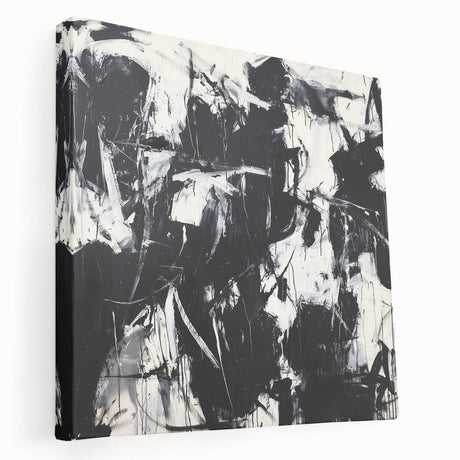 Abstract splatter canvas artwork in vibrant colors, showcasing an artistic blend of blues, yellows, and reds, ideal for modern home decor. The side view highlights its stretched frame and textured finish, perfect for adding a contemporary touch to any room.