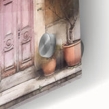 Mid-century modernist acrylic glass art featuring a close-up of a French door, in muted earth tones.