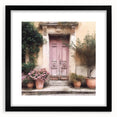 Extra large abstract art print featuring colorful, textured design of a French door, framed in black.