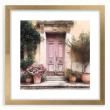 Extra large abstract art print featuring a textured design of a French door in muted gold tones, framed with a mat.