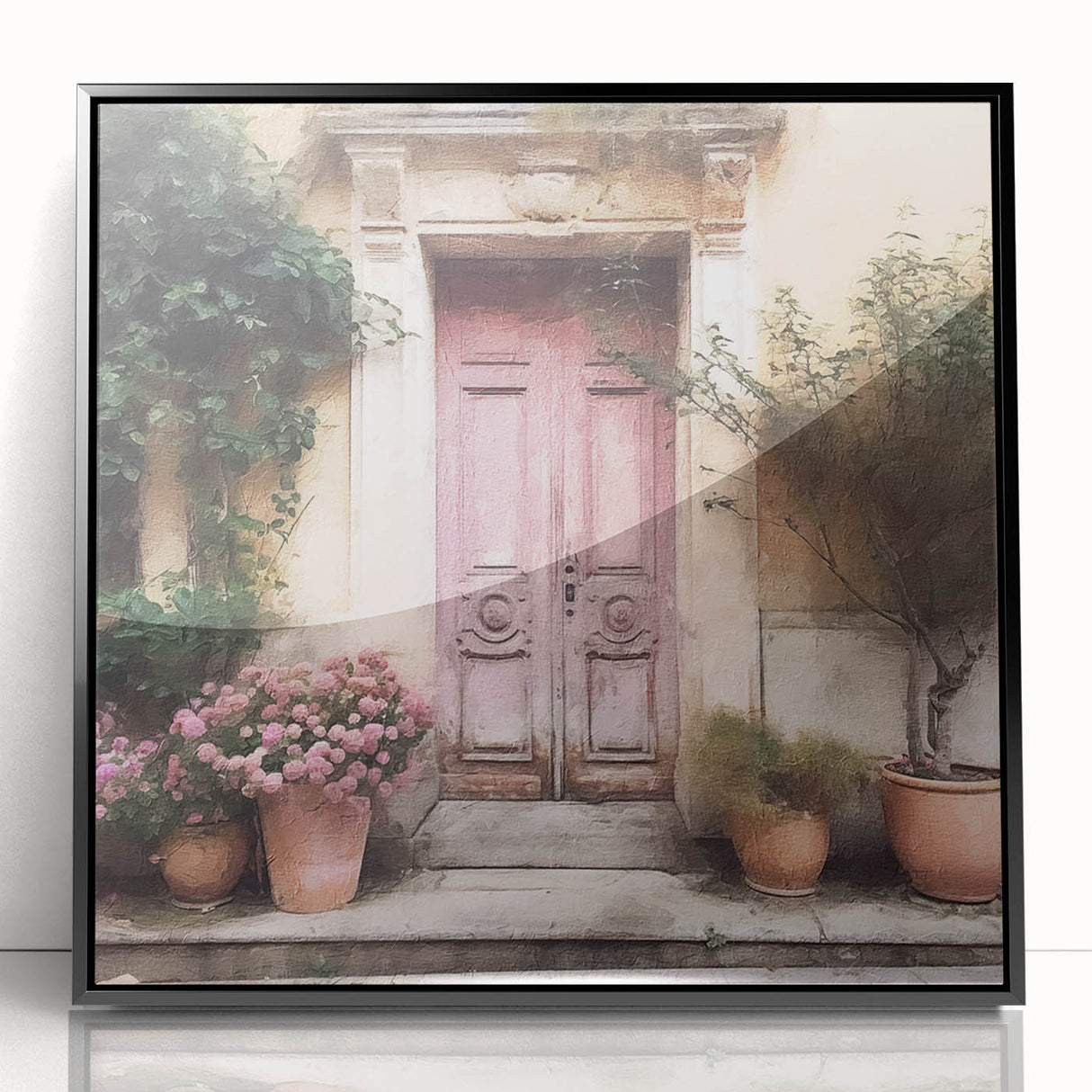 Large abstract wall art featuring a minimalist black and white architectural door design on a framed acrylic.