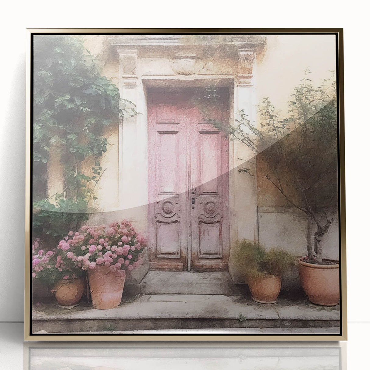 Mid-century modernist style door design in gold and white tones on a framed acrylic, ideal for modern art wall decor.