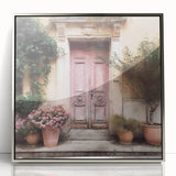 Mid-century modernist art of a vintage French door in silver acrylic frame, suited for nursery wall art.