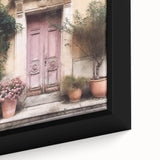 Close-up of a black framed canvas featuring a French door design in vibrant, textured colors, suitable for living room decor.
