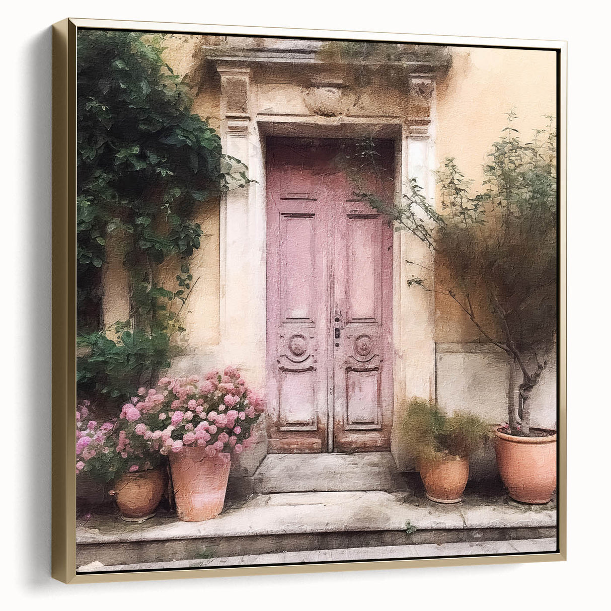Framed canvas depicting a vintage door in silver and gold tones, ideal for bedroom wall decor.