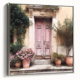 Landscape art painting of a French door architecture, framed canvas in silver, featuring muted black and colorful tones.