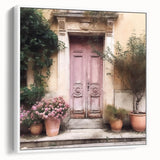 Vintage poster art of a French door in black and colorful tones on framed canvas, suitable for extra large living room wall.