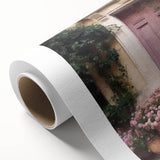 Art deco poster of a French door architecture in muted gold and blue tones on rolled canvas, ideal for nursery wall art.