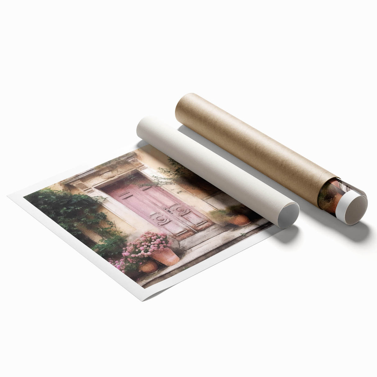 Extra large rolled print featuring a detailed French door design with floral accents in soft gray tones.