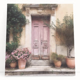 Black and white photograph of a French door architecture on stretched canvas, suitable as kitchen wall art or bedroom decor.