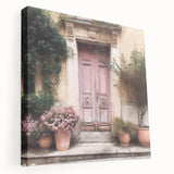 Large canvas print of a vintage French door design in muted earth tones, ideal for kitchen wall art.