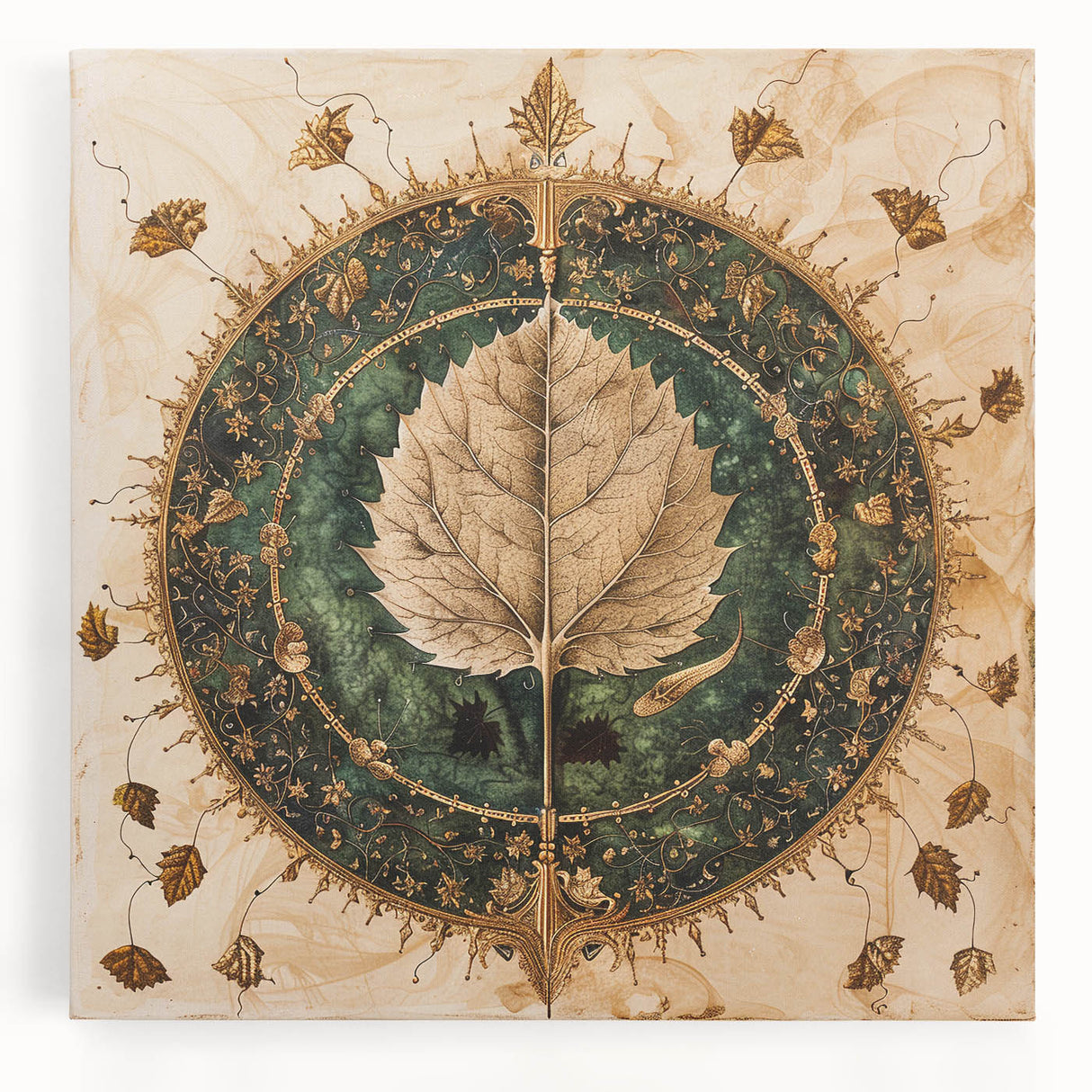 Stretched canvas wall art featuring a vibrant floral and botanical design, showcasing colorful flowers and lush green leaves, ideal for home decor.