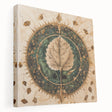 Stretched canvas artwork showcasing a vibrant floral and botanical design with detailed leaves, perfect for home decor, displayed in a side view against a neutral background.
