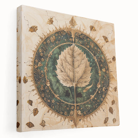 Stretched canvas artwork showcasing a vibrant floral and botanical design with detailed leaves, perfect for home decor, displayed in a side view against a neutral background.