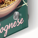 Large abstract wall art featuring an array of food dishes in vibrant colors on acrylic glass, ideal for dining room decor.