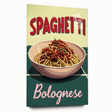 Large abstract wall art of assorted food dishes in vibrant colors on acrylic glass.