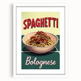 Abstract art print of various food dishes in muted earth tones, framed with a white mat, ideal for dining room decor.