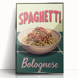 Mid-century modernist art depicting various food dishes in muted colors on a silver-framed acrylic print.