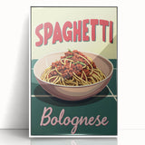 Art deco poster featuring an array of colorful food dishes on a white acrylic framed print.