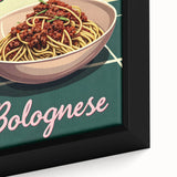 Close-up of a framed canvas featuring various colorful food dishes on a black background.