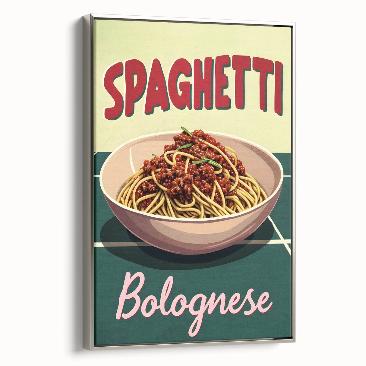 Framed canvas with vintage poster art of colorful food dishes on a black background, suitable for dining room decor.