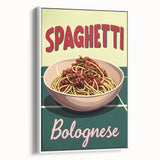 Vintage poster art of colorful food dishes on a framed canvas, ideal for living room decor.