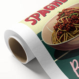 Art deco poster featuring an array of colorful food dishes on rolled canvas, suitable for dining room decor.