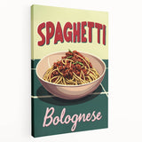 Assorted colorful food dishes art printed on stretched canvas, ideal for kitchen wall decor.