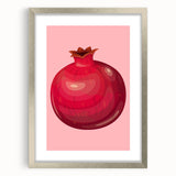 Textured abstract art print of assorted fruits in muted colors, framed with a silver mat, suitable for bedroom decor.