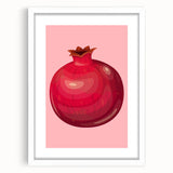 Abstract art print featuring assorted fruits in vibrant colors, framed in white, ideal for dining room decor.