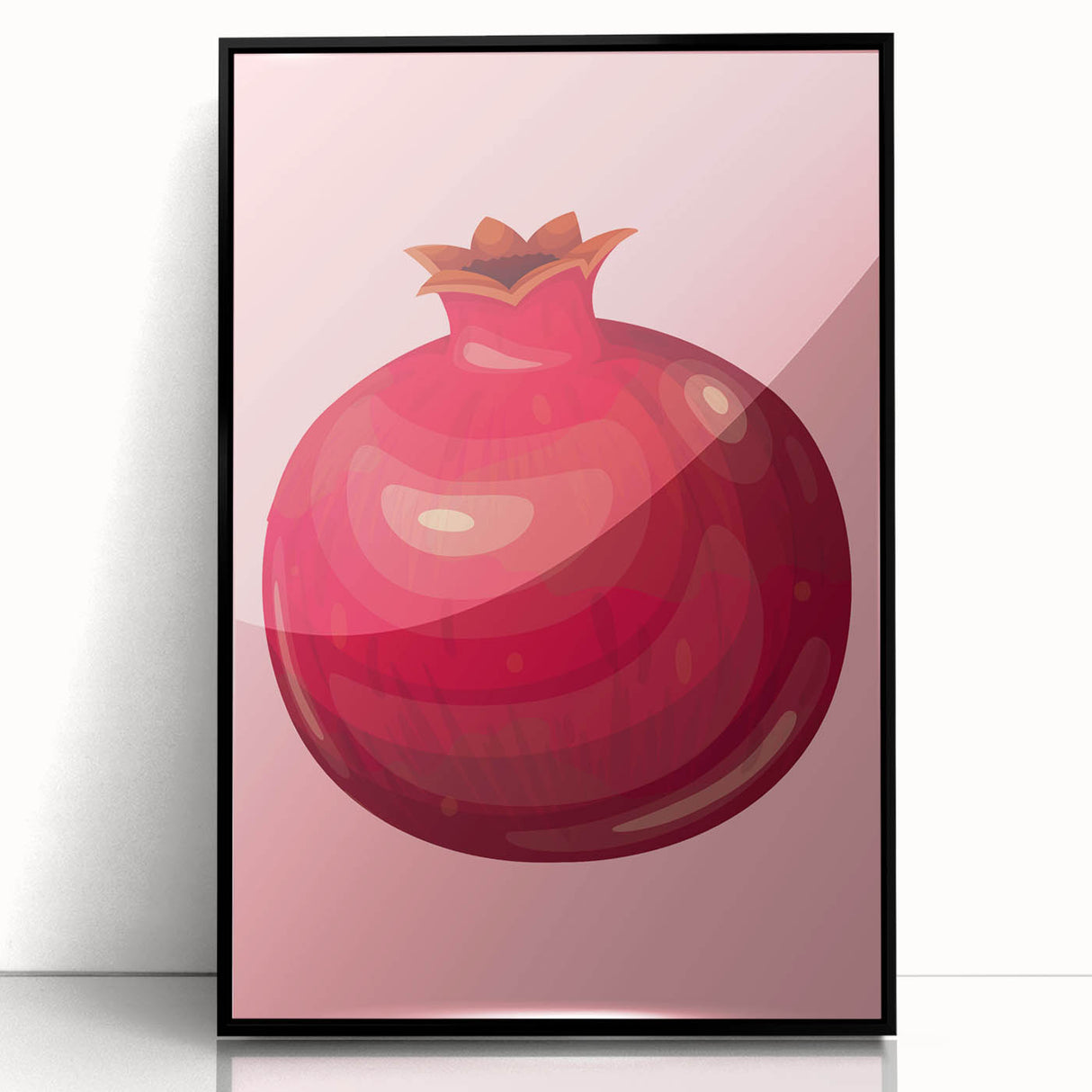 Large abstract wall art featuring vibrant fruit motifs in a mid-century modernist style, framed in black acrylic.