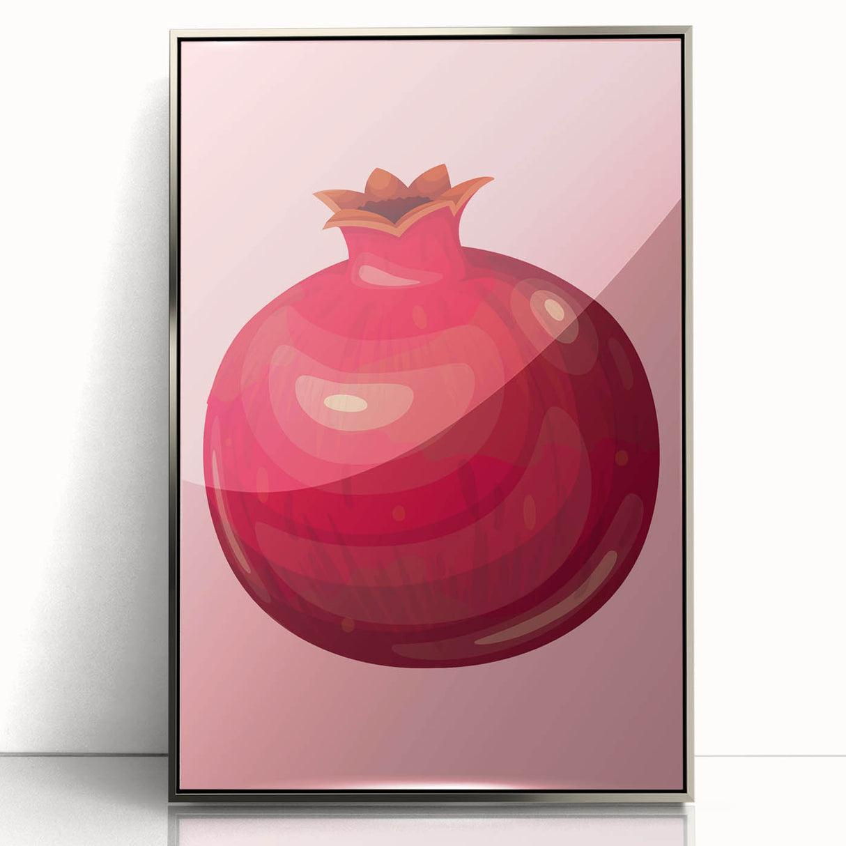 Mid-century modernist art featuring an array of fruits in vibrant colors on a silver-framed acrylic.
