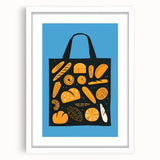 Abstract art print of assorted pastries in soft pastel shades, framed in white, suitable for dining room or kitchen decor.