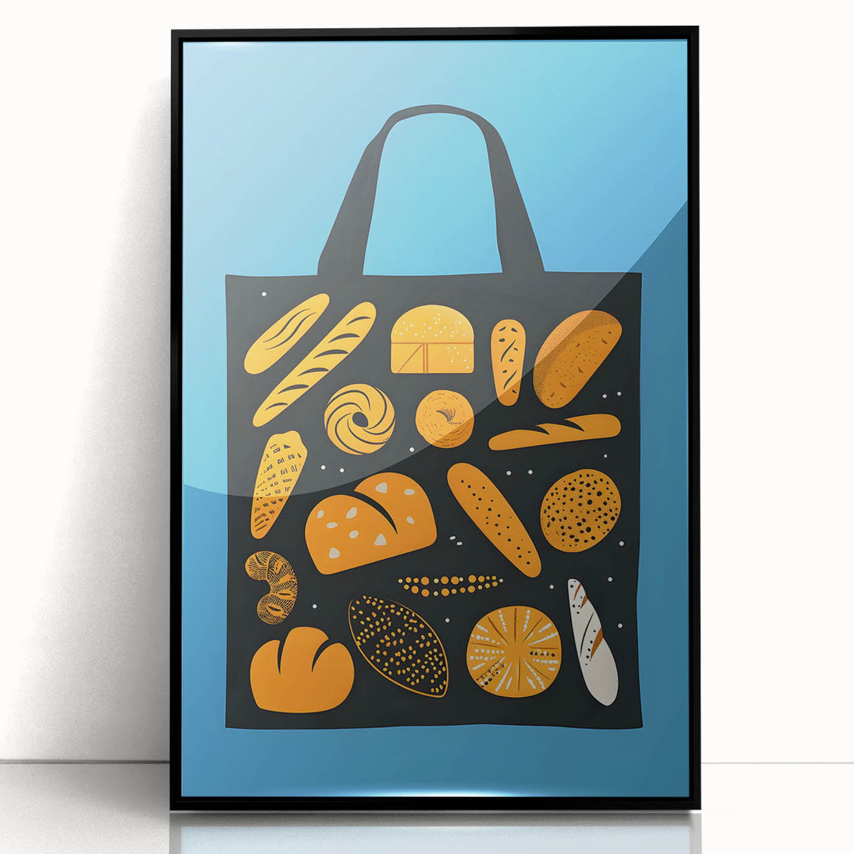 Large abstract wall art featuring assorted pastries in muted tones, framed in black acrylic.