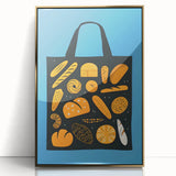 Large art print of pastries in rich gold and brown tones, framed acrylic, mid-century modernist style.