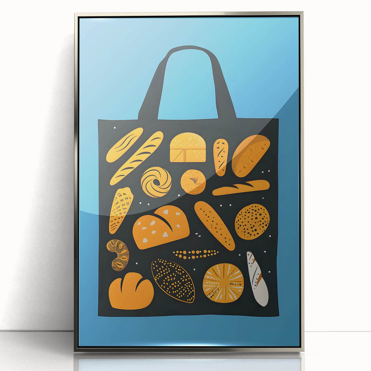 Mid-century modernist art featuring assorted pastries in muted colors, framed in silver acrylic, ideal for nursery wall art.