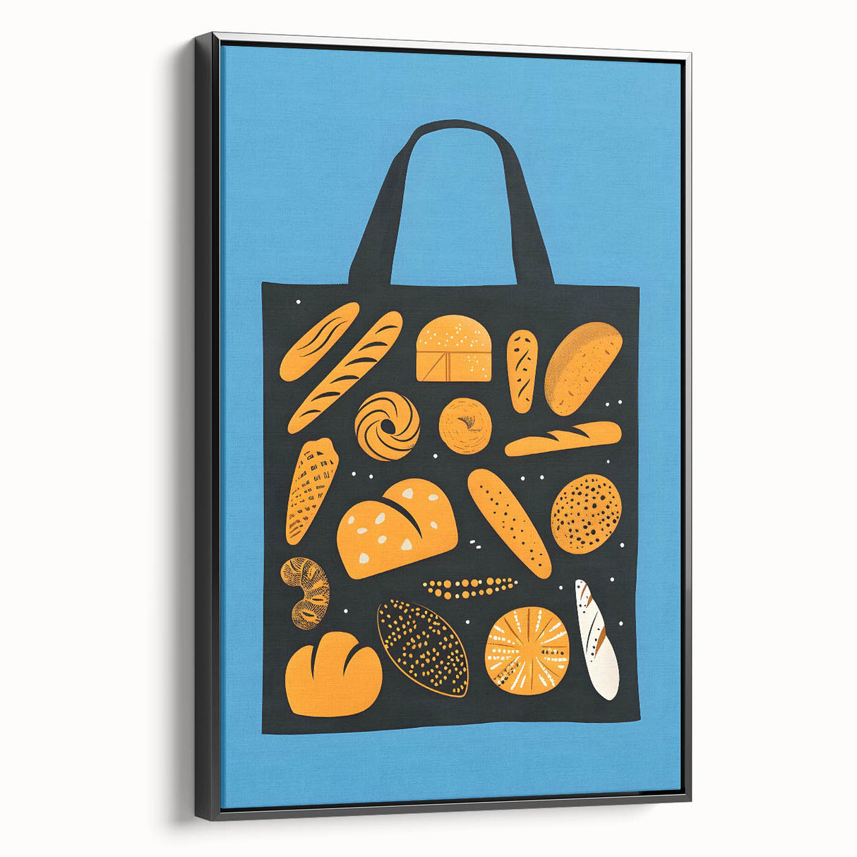Black and white framed canvas featuring vintage poster art of assorted pastries, ideal for bedroom wall decor.